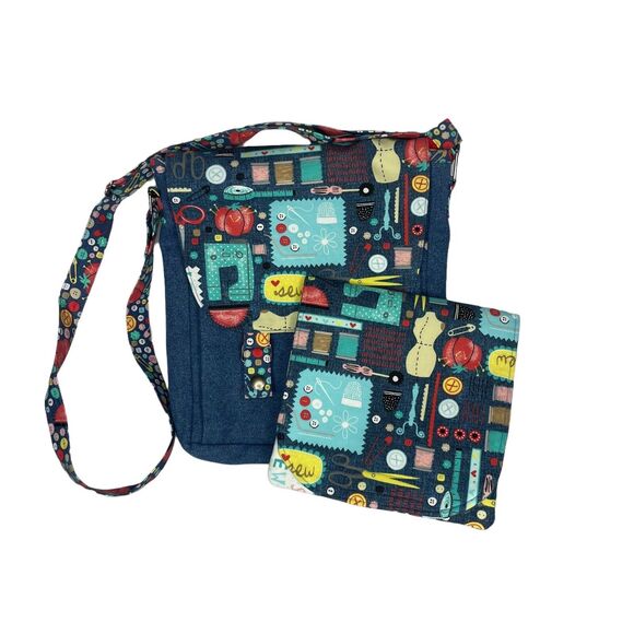 Sew Print Patchwork Denim Crossbody Bag Novelty Purse with Matching Clutch - Picture 1 of 12